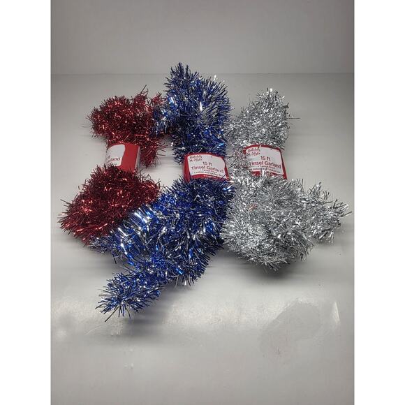 Lot of 3 - Holiday Style Christmas Garland Tinsel 15 ft Each Red White Blue - Picture 3 of 3